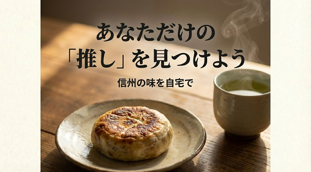 信州の味を自宅で。あなただけのお気に入りのおやきを見つけようというメッセージ。