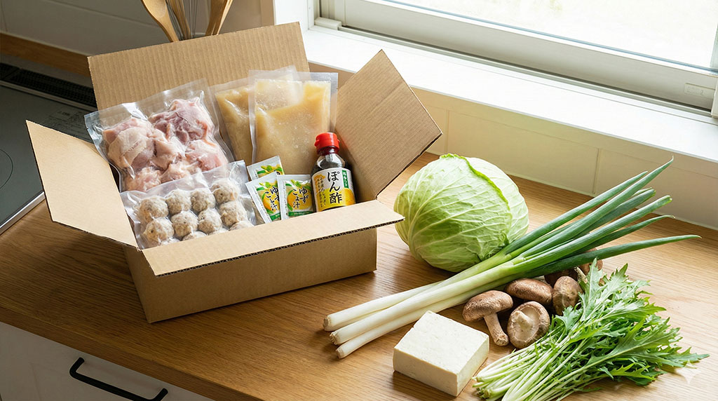 博多華味鳥の水炊き通販セット(冷凍品)と、別途用意すべきキャベツ、ネギ、豆腐などの追加具材を並べた写真。