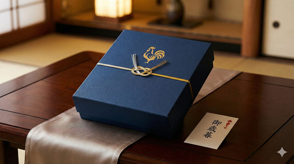 お歳暮やお中元に最適な、高級感のある博多華味鳥の水炊きギフト用化粧箱のイメージ。