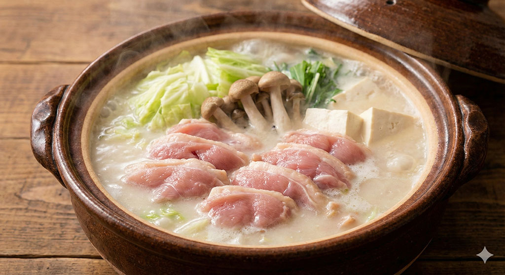 濃厚な白濁スープと新鮮な華味鳥の切り身が入った博多華味鳥の水炊き(もつ鍋)のクローズアップ写真。