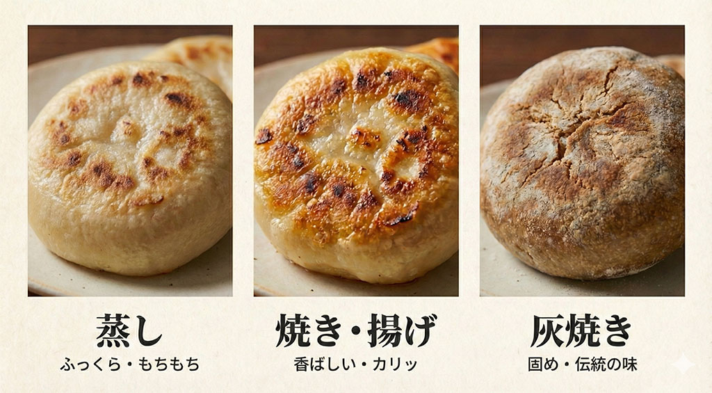 「蒸し（ふっくら）」「焼き・揚げ（香ばしい）」「灰焼き（伝統の硬め）」の3種類の見た目と食感の比較。