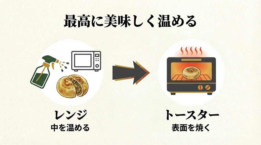 レンジで中を温めた後、トースターで表面を焼くことで最高に美味しくなる温め方の手順。
