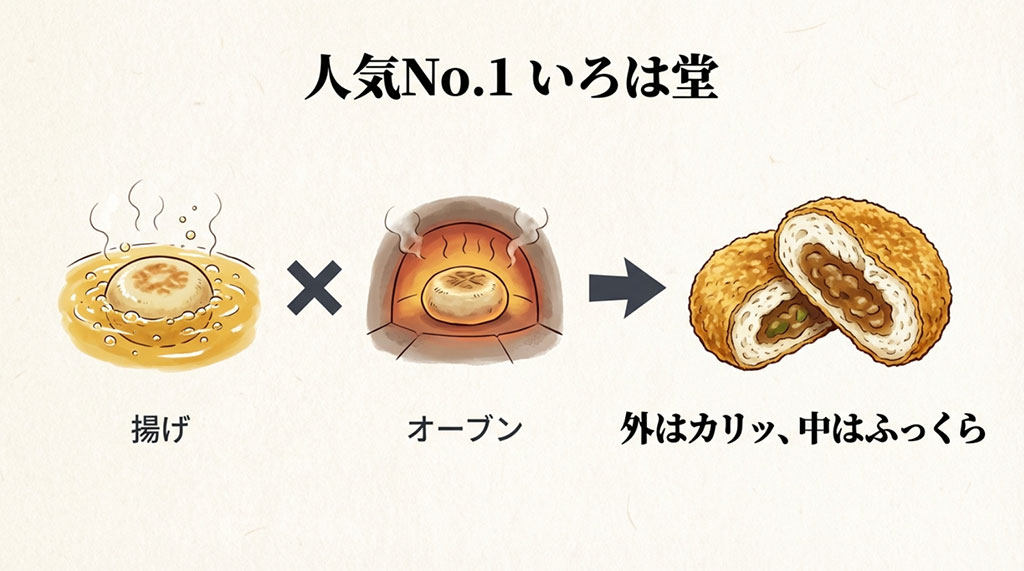 人気No.1いろは堂の製法解説。油で揚げてからオーブンで焼くことで外はカリッ、中はふっくらとした食感。