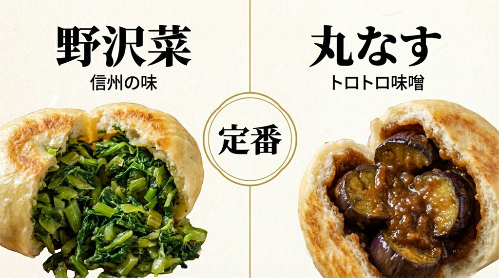 信州の味「野沢菜」とトロトロの味噌が絶品の「丸なす」という二大定番具材の紹介。